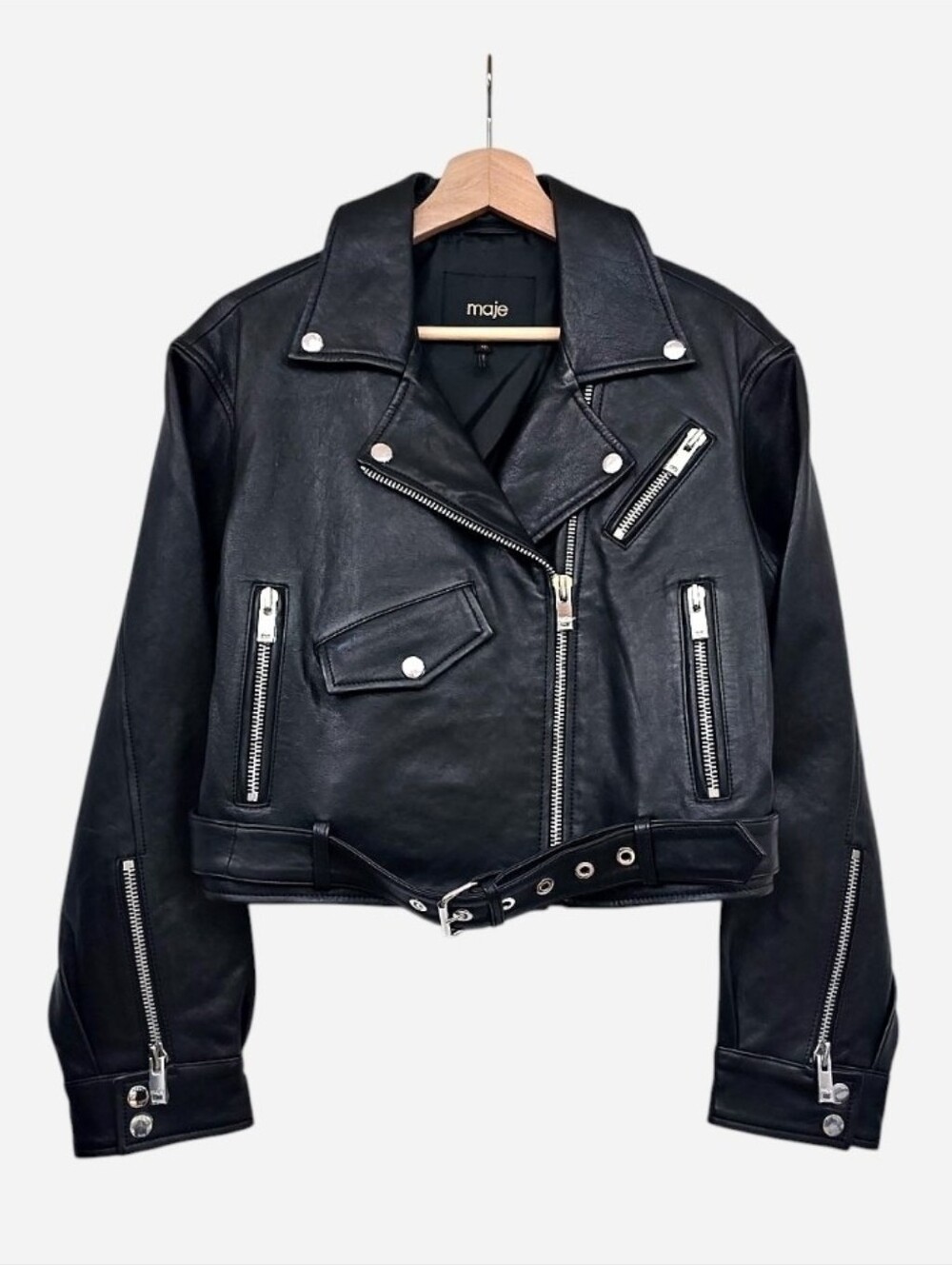 New Maje Besley Black Leather Biker Moto Jacket, Cropped Belted, FR 40/US 8 - Picture 1 of 15
